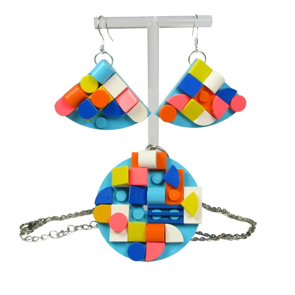 Asymmetrical Upcycled Lego Brick Modern Mosaic Necklace and Earrings